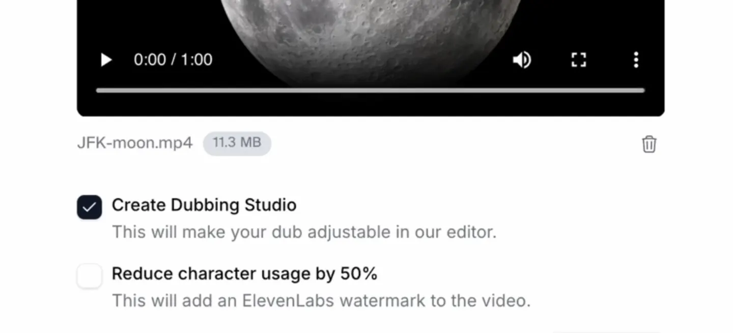 ElevenLabs dubbing interface with the adjustable Dubbing Studio option selected