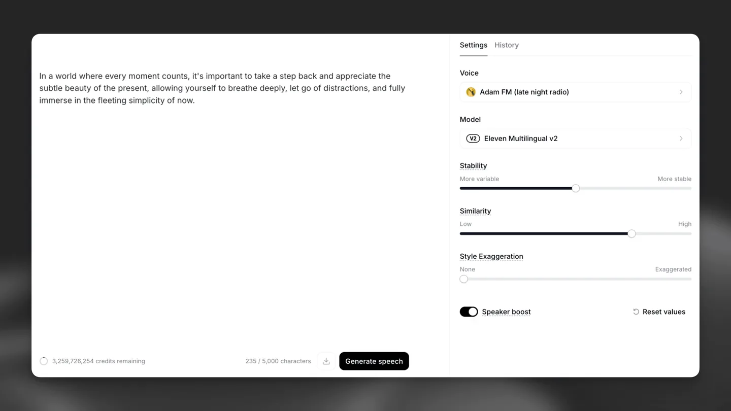 ElevenLabs Text to Speech interface with script, voice, model and generation settings