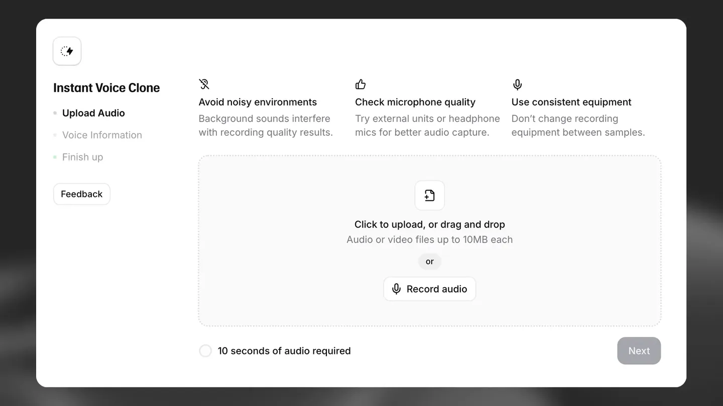 ElevenLabs Instant Voice Clone interface requesting an audio sample