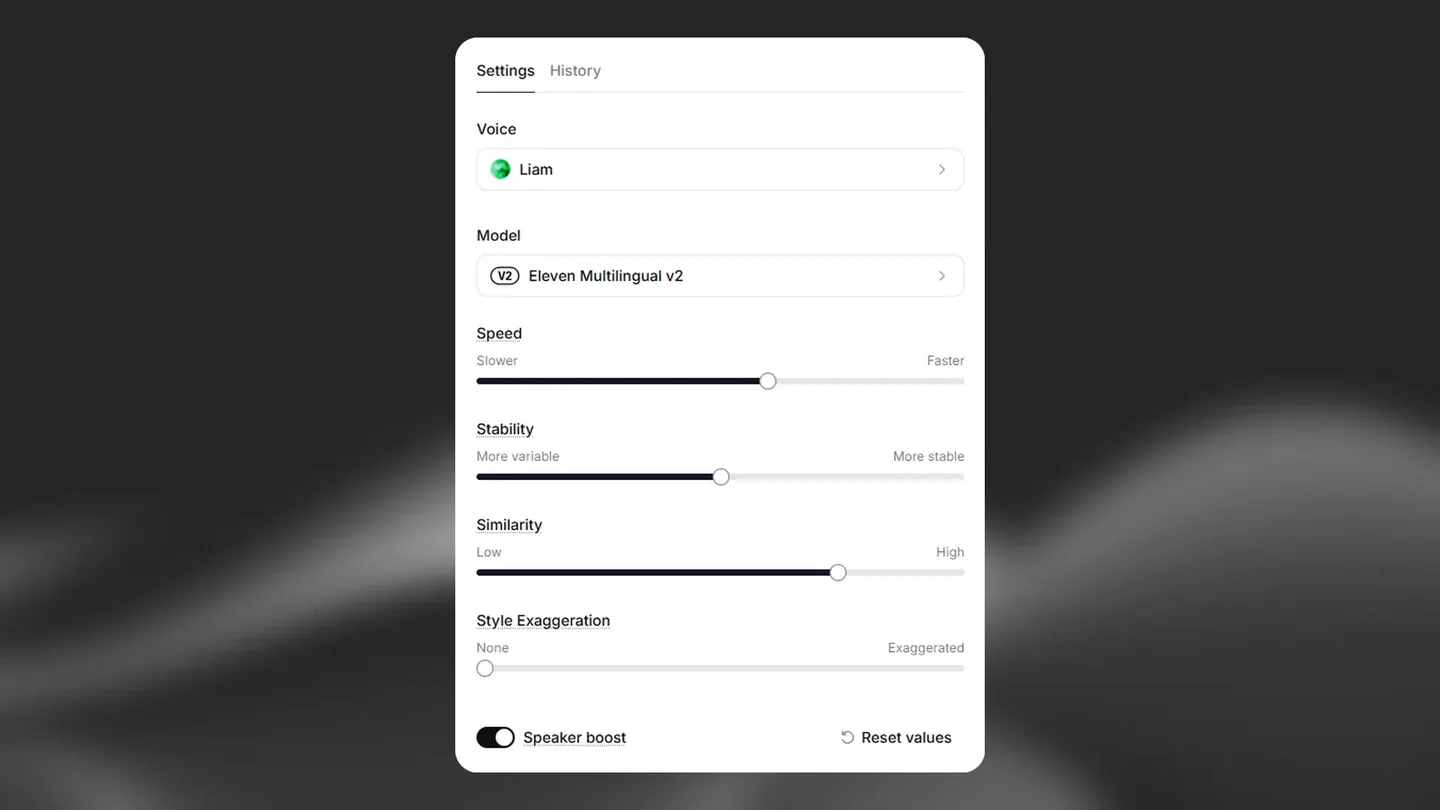 ElevenLabs voice settings for speed, stability, similarity and style