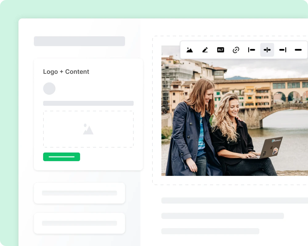 MailerLite drag-and-drop email editor showing content blocks and a campaign preview