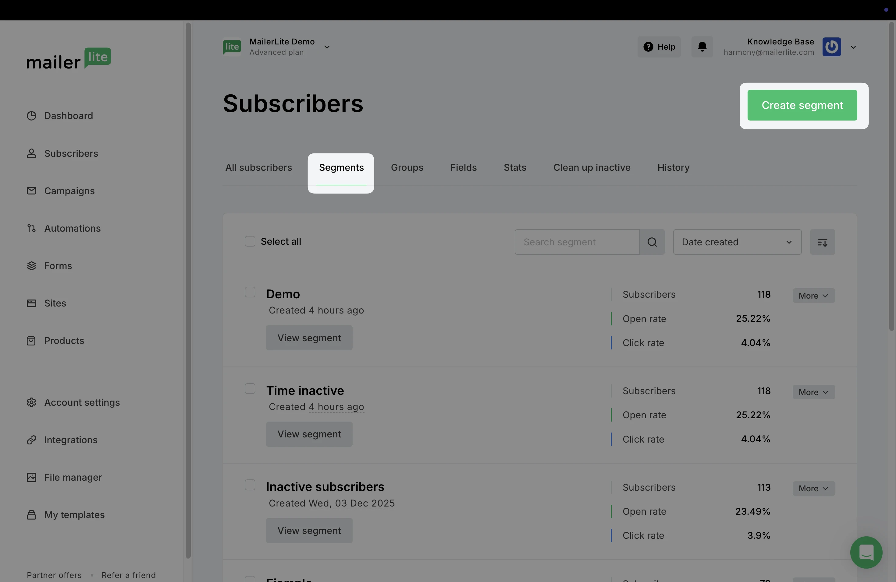 MailerLite subscriber segments interface showing the create-segment action