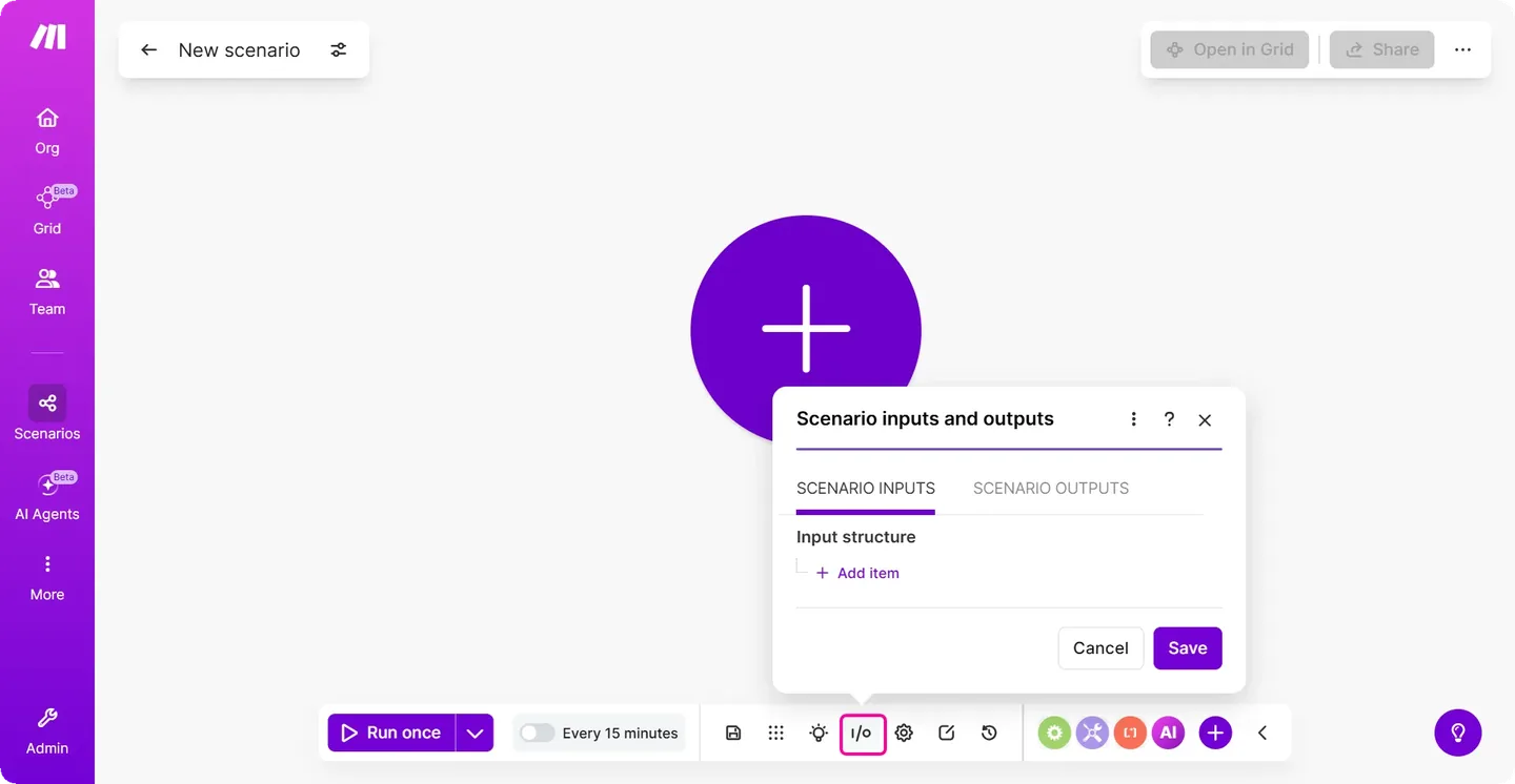 Make Scenario Builder showing the visual canvas and scenario input settings