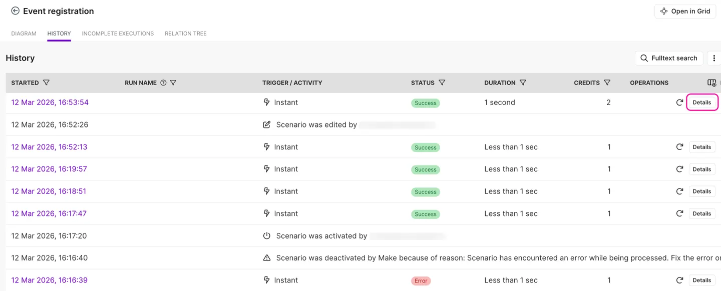 Make Scenario History showing run status, duration, credits, operations and details