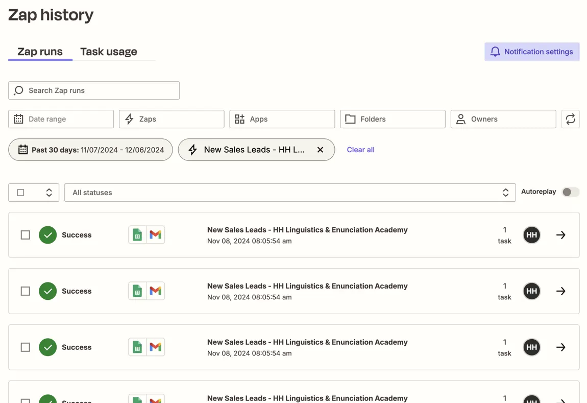 Zapier Zap History showing workflow runs, status filters, applications and task counts